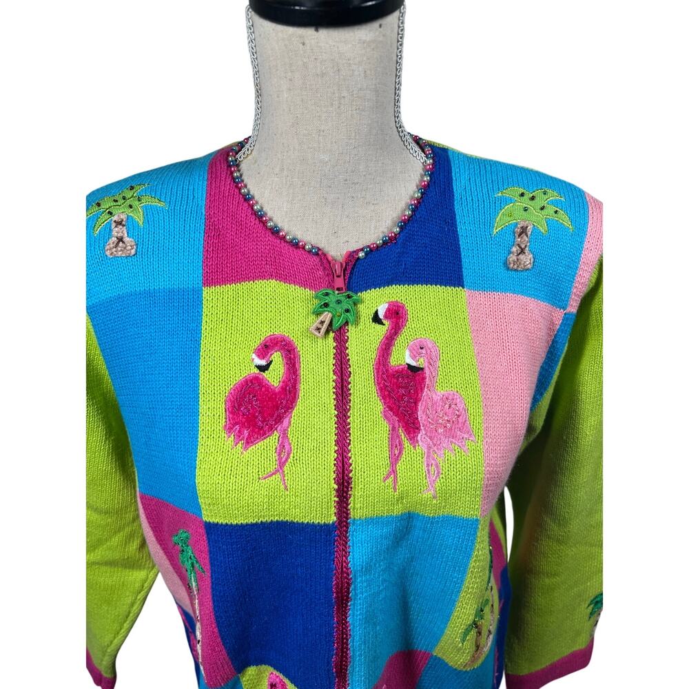 Jack B Quick Colorful Flamingo Florida Palm Sweater, size M, Pre-Loved, Dopamine - Picture 2 of 12